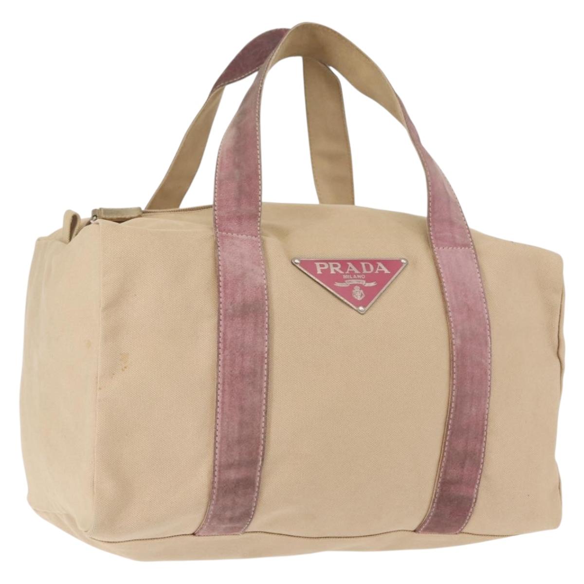 PRADA Tote Bag Canvas Leather Beige Silver Auth yk19753