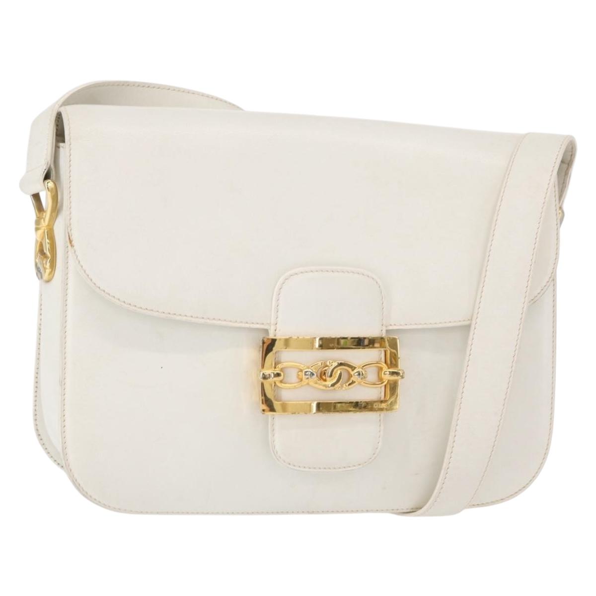 CELINE Shoulder Bag Leather White Gold Auth yk19773