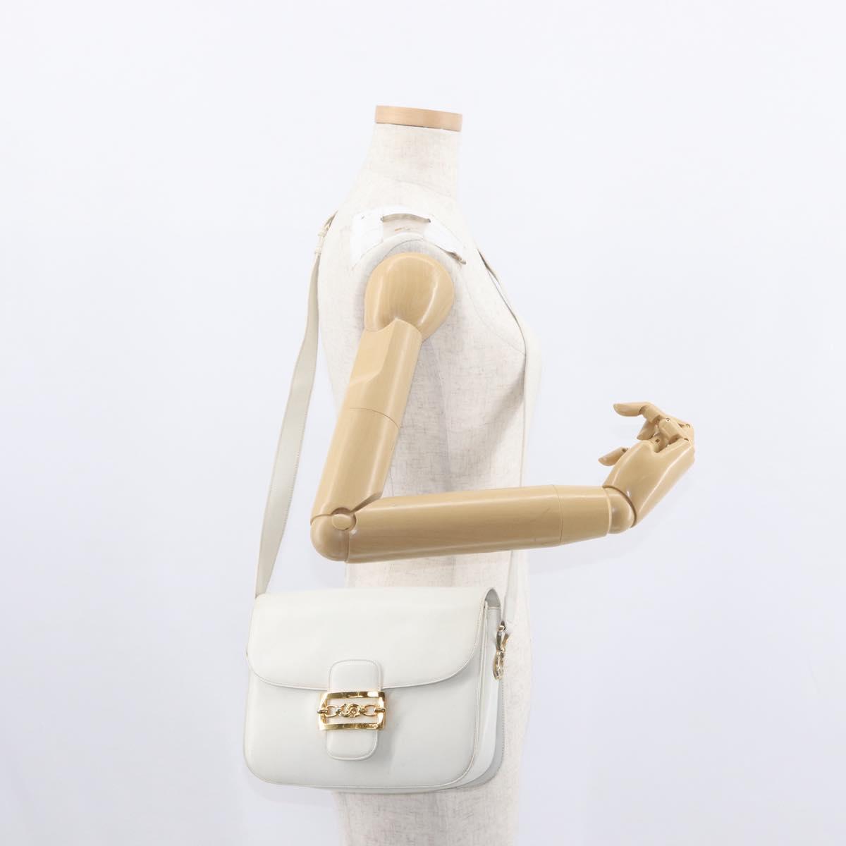 CELINE Shoulder Bag Leather White Gold Auth yk19773