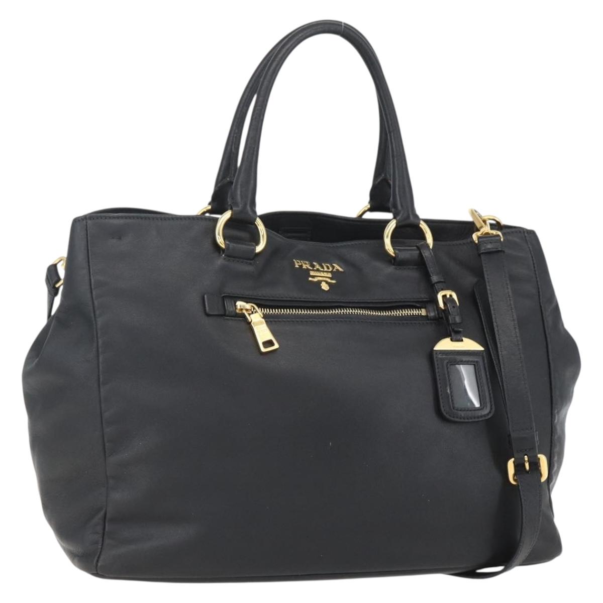 PRADA Hand Bag Leather 2way Black Gold Auth yk19782