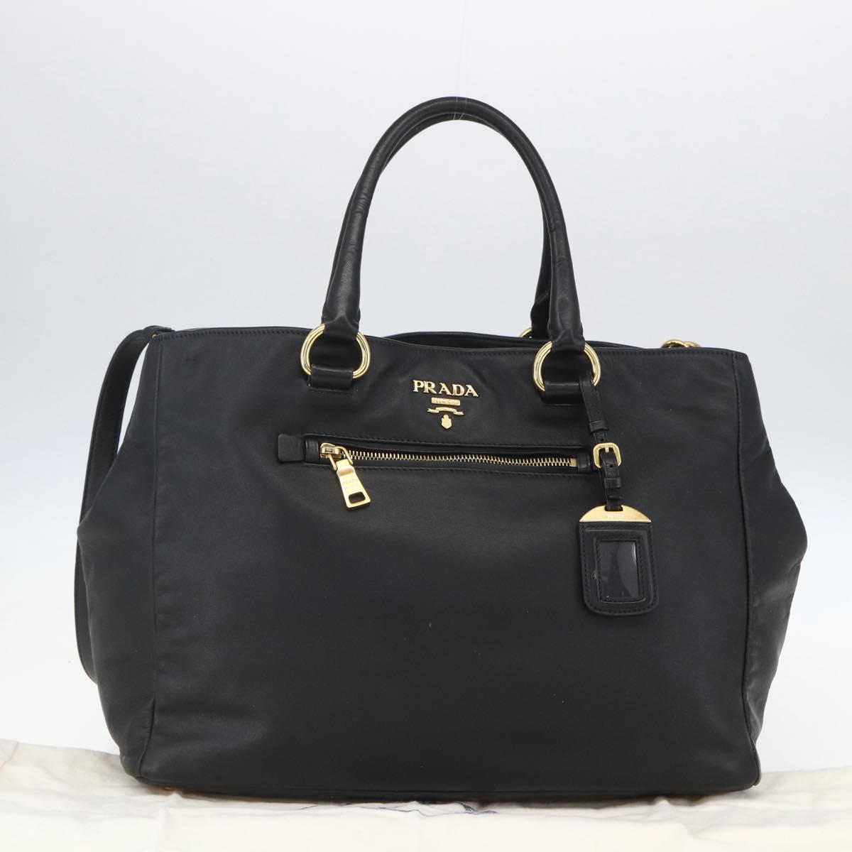 PRADA Hand Bag Leather 2way Black Gold Auth yk19782