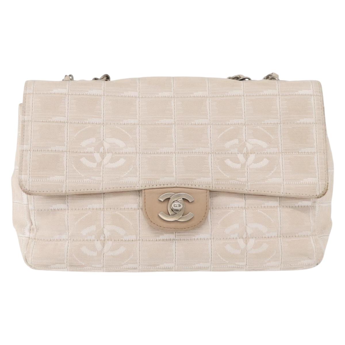 CHANEL Choco Bar New Travel Line Chain Shoulder Bag Canvas Beige CC Auth yk19787