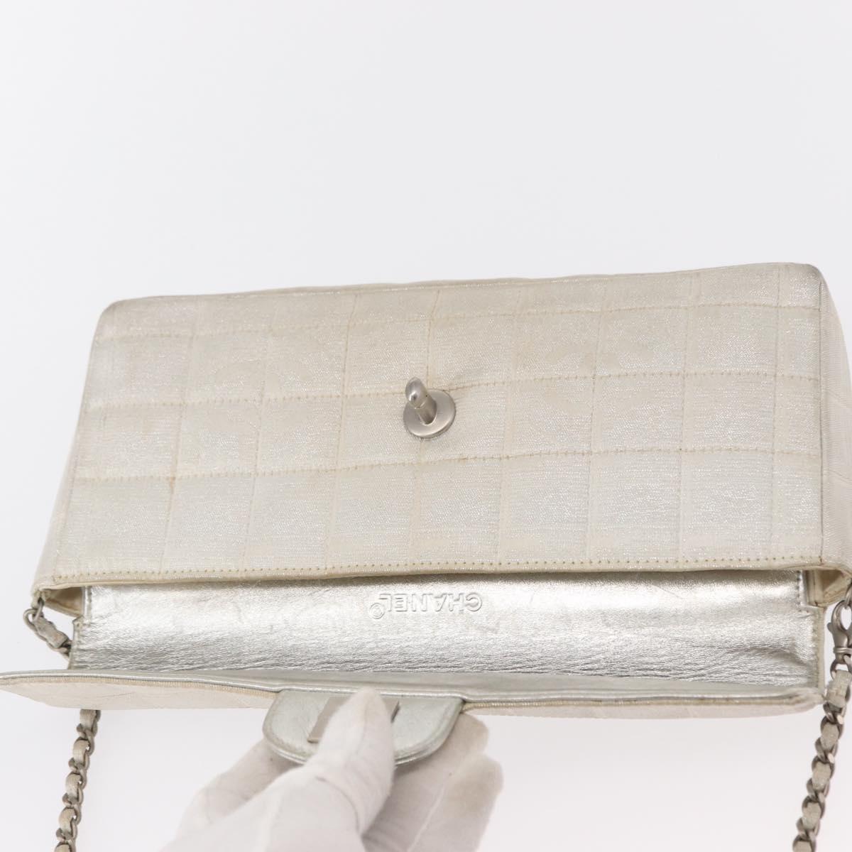 CHANEL Choco Bar New Travel Line Chain Bag Canvas Silver CC Auth yk19792
