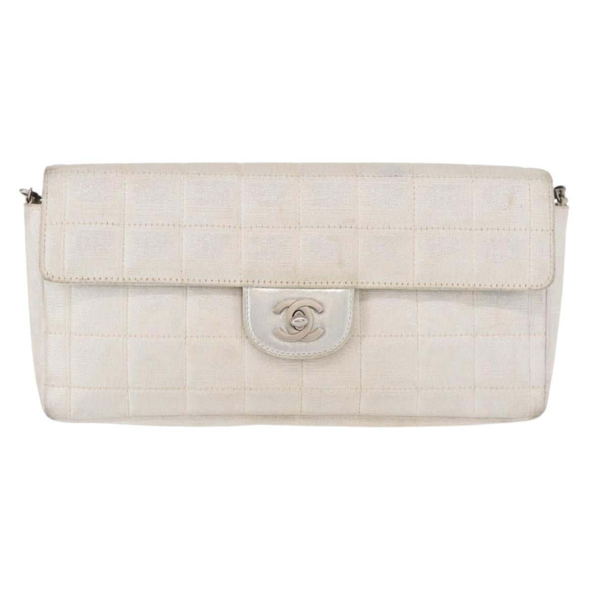 CHANEL Choco Bar New Travel Line Chain Bag Canvas Silver CC Auth yk19792