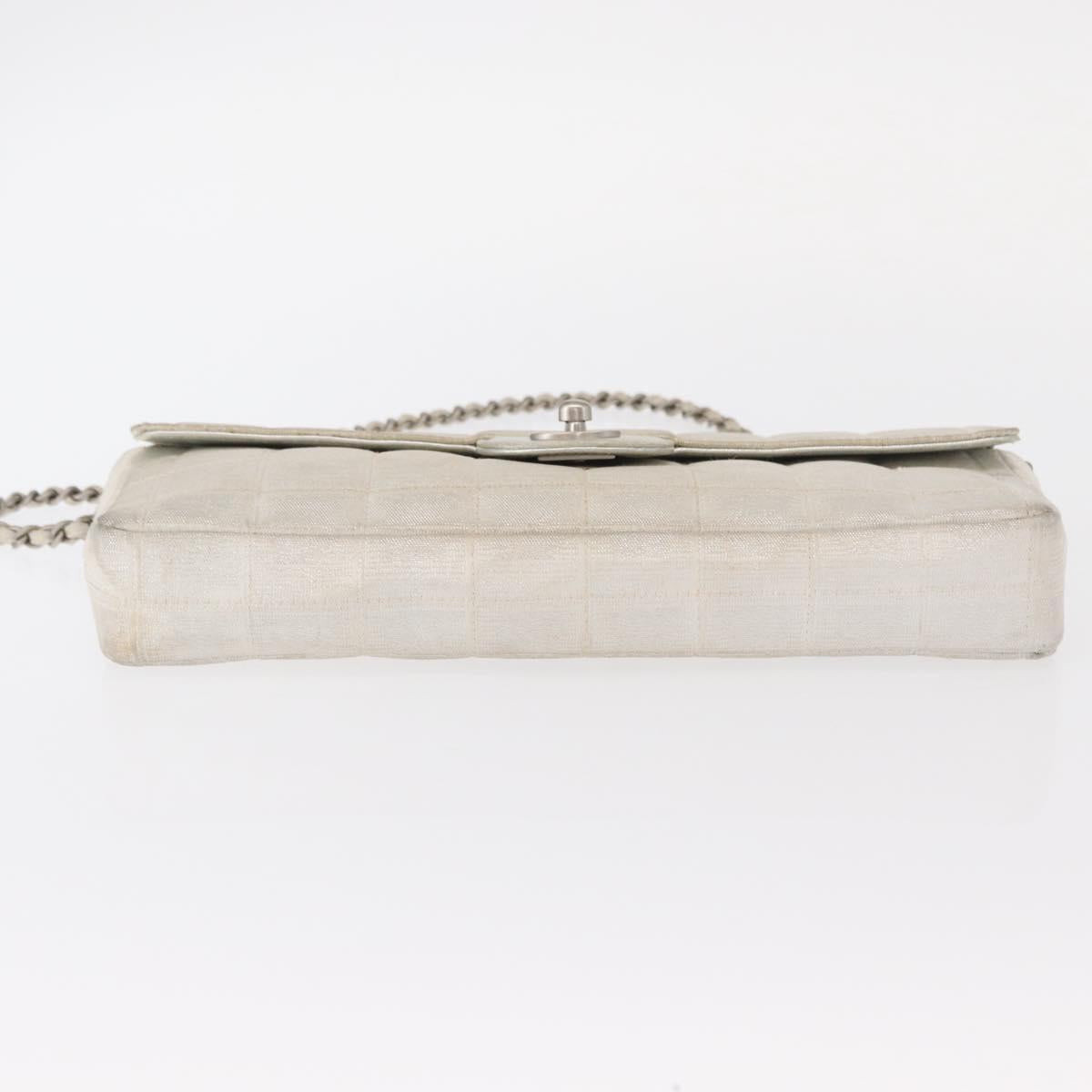 CHANEL Choco Bar New Travel Line Chain Bag Canvas Silver CC Auth yk19792