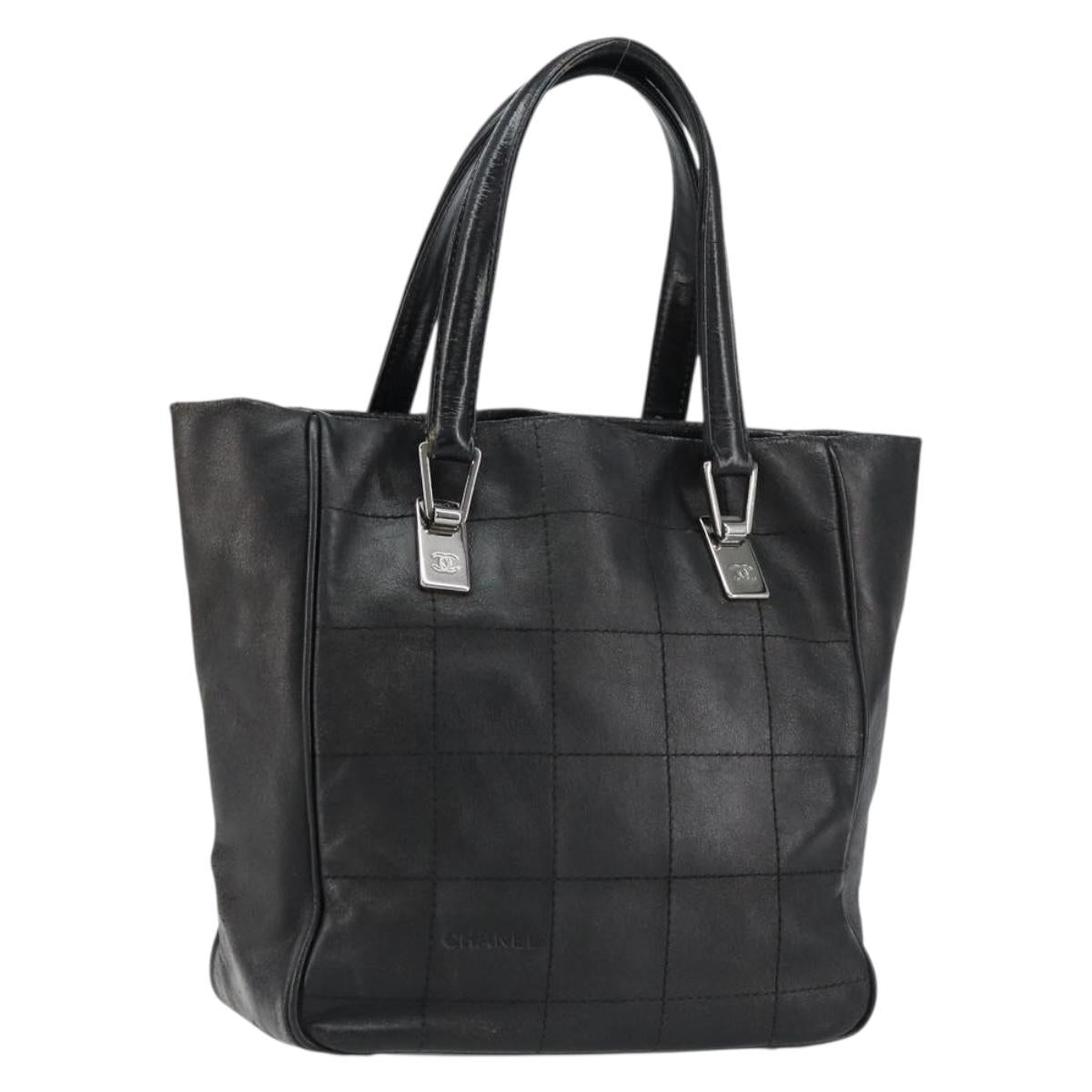 CHANEL Choco Bar Hand Bag Leather Black Silver CC Auth yk19815