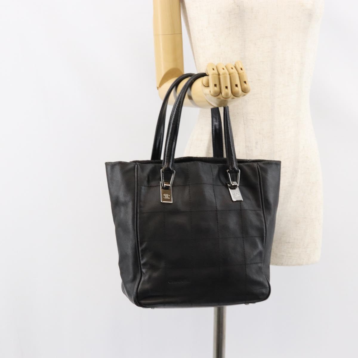 CHANEL Choco Bar Hand Bag Leather Black Silver CC Auth yk19815