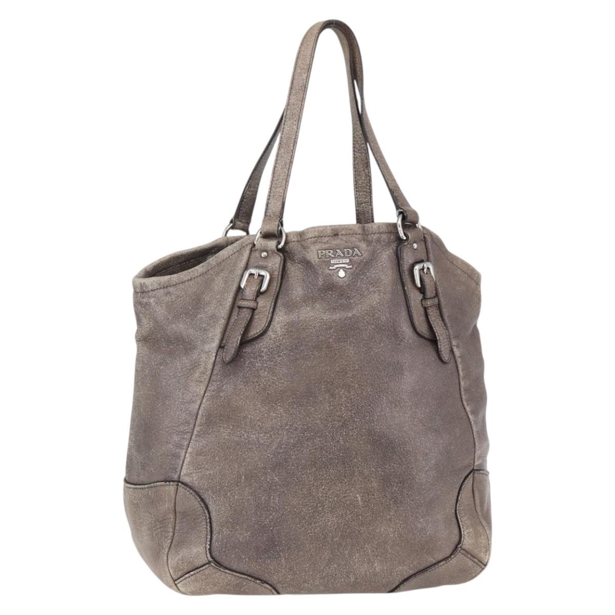 PRADA Tote Bag Leather Beige Silver Auth yk19816