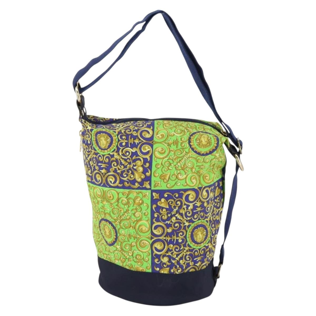 VERSACE Shoulder Bag Cotton Green Gold Auth yk19828