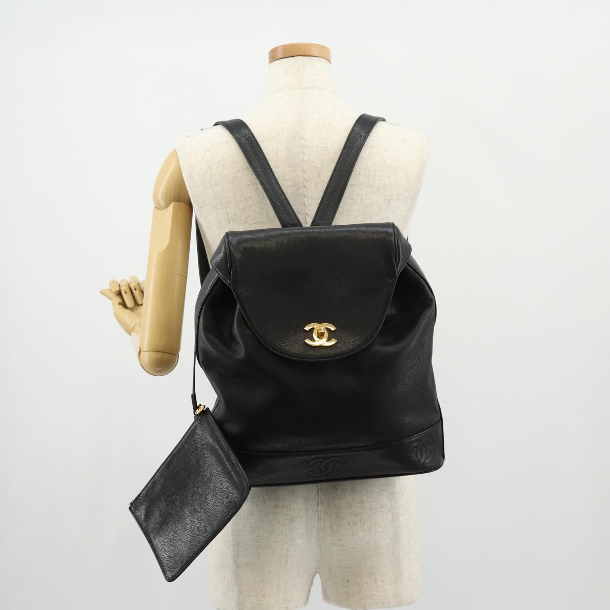 CHANEL Triple Coco Backpack Caviar Skin Black Gold CC Auth yk19848V