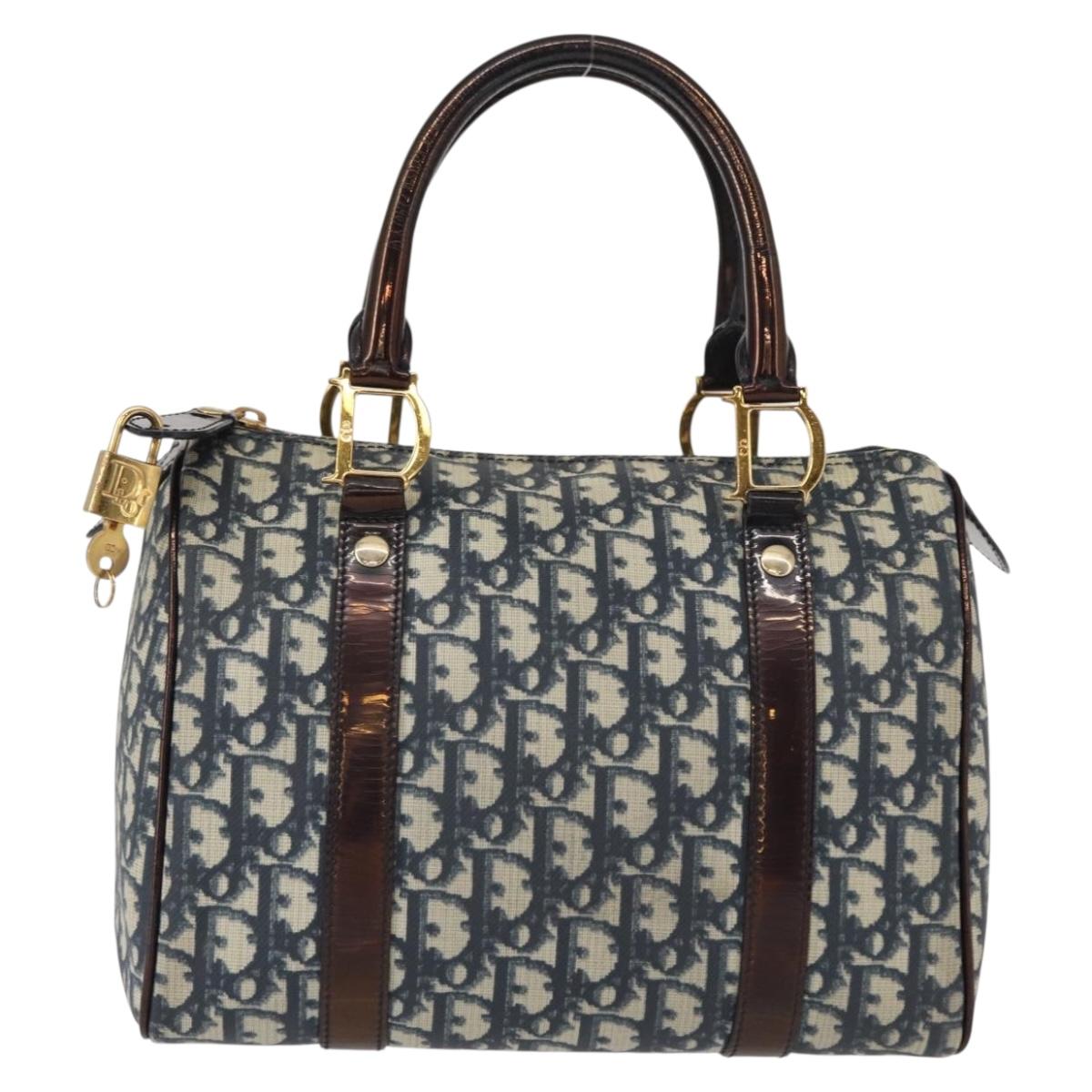 Christian Dior Trotter Canvas Boston Bag Navy Gold Auth yk19859
