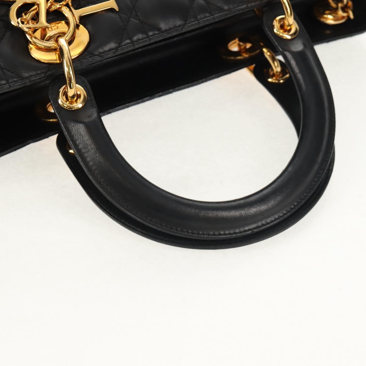 Christian Dior Canage Lady Dior Hand Bag Lamb Skin Black Gold Auth yk19860V