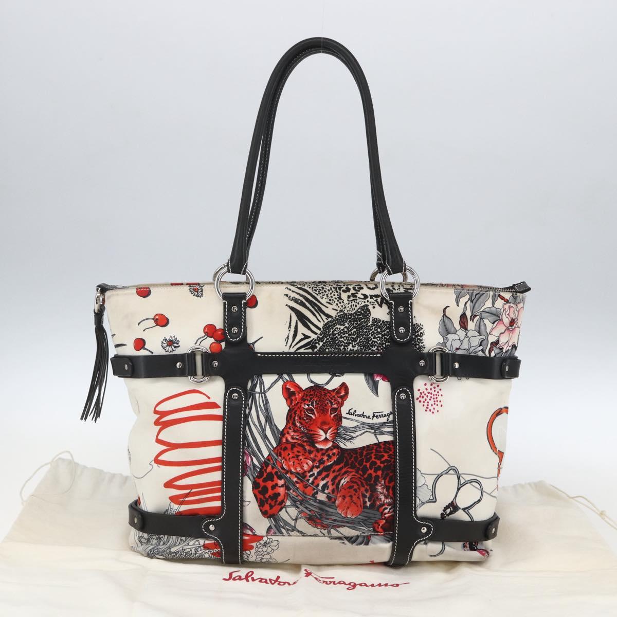 Salvatore Ferragamo Animal Pattern Tote Bag Nylon White Silver Auth yk19901