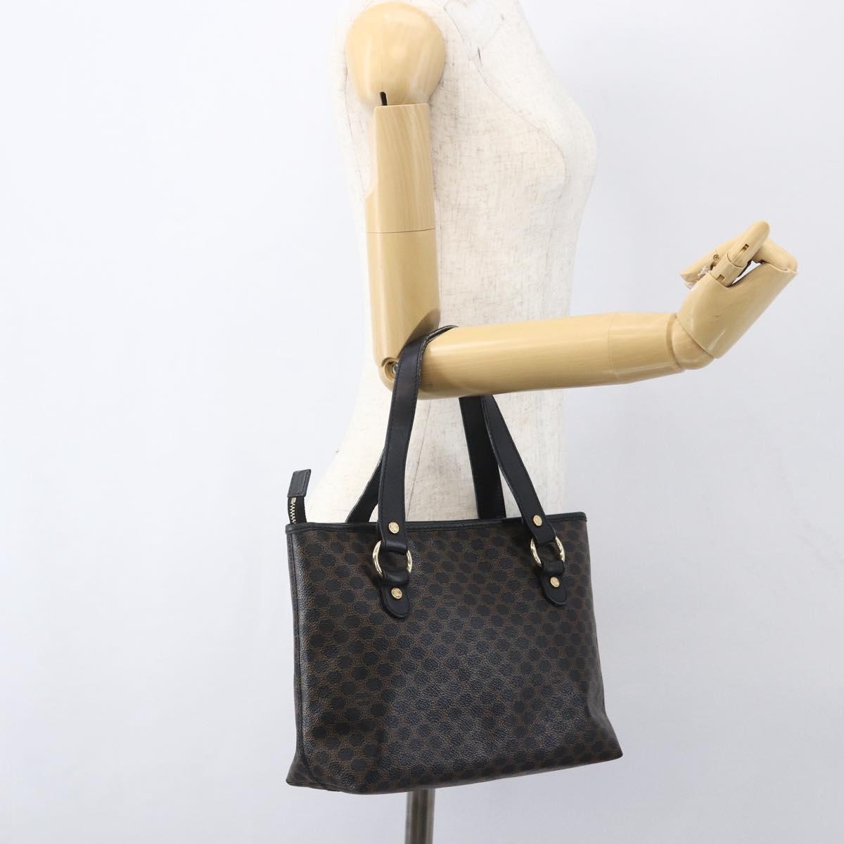 CELINE Macadam Canvas Hand Bag PVC Leather Black Gold Auth yk19981