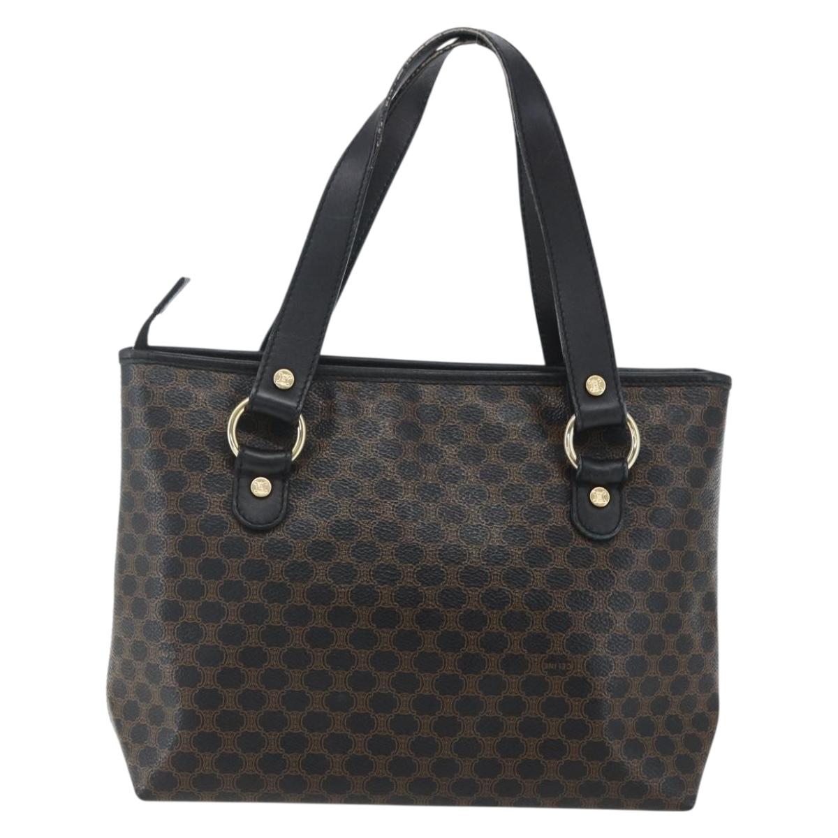 CELINE Macadam Canvas Hand Bag PVC Leather Black Gold Auth yk19981