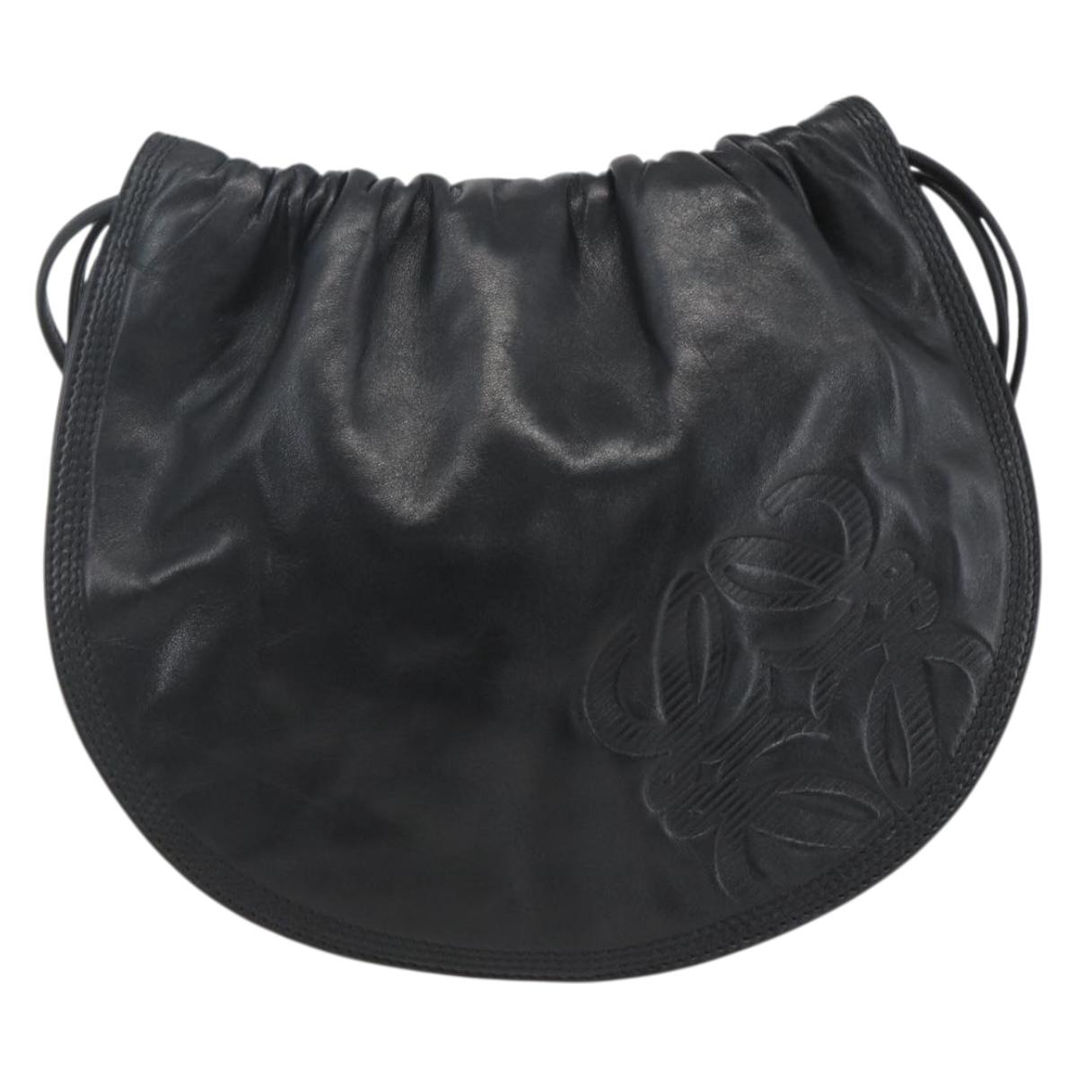 LOEWE Anagram Shoulder Bag Leather Black Gold Auth yk19995