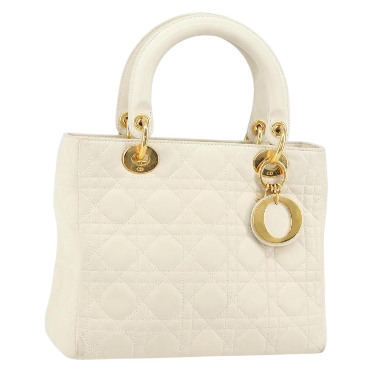 Christian Dior Canage Hand Bag Lamb Skin White Gold Auth yk20018