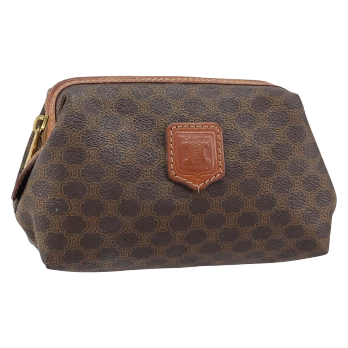 CELINE Macadam Canvas Pouch PVC Leather Brown Gold Auth yk20043
