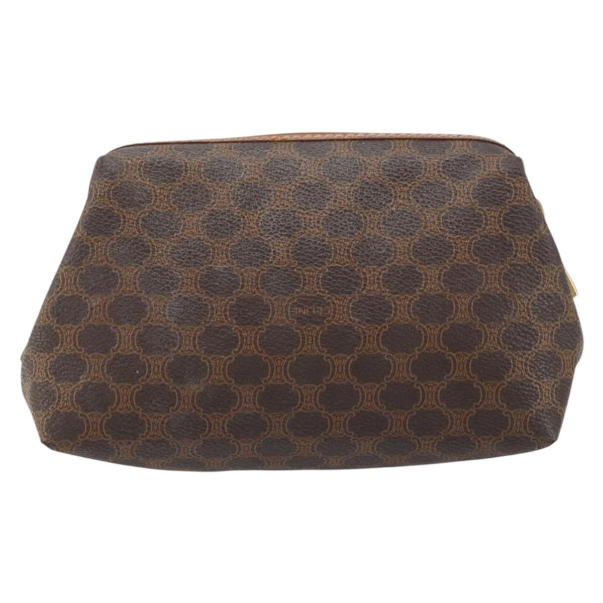 CELINE Macadam Canvas Pouch PVC Leather Brown Gold Auth yk20043