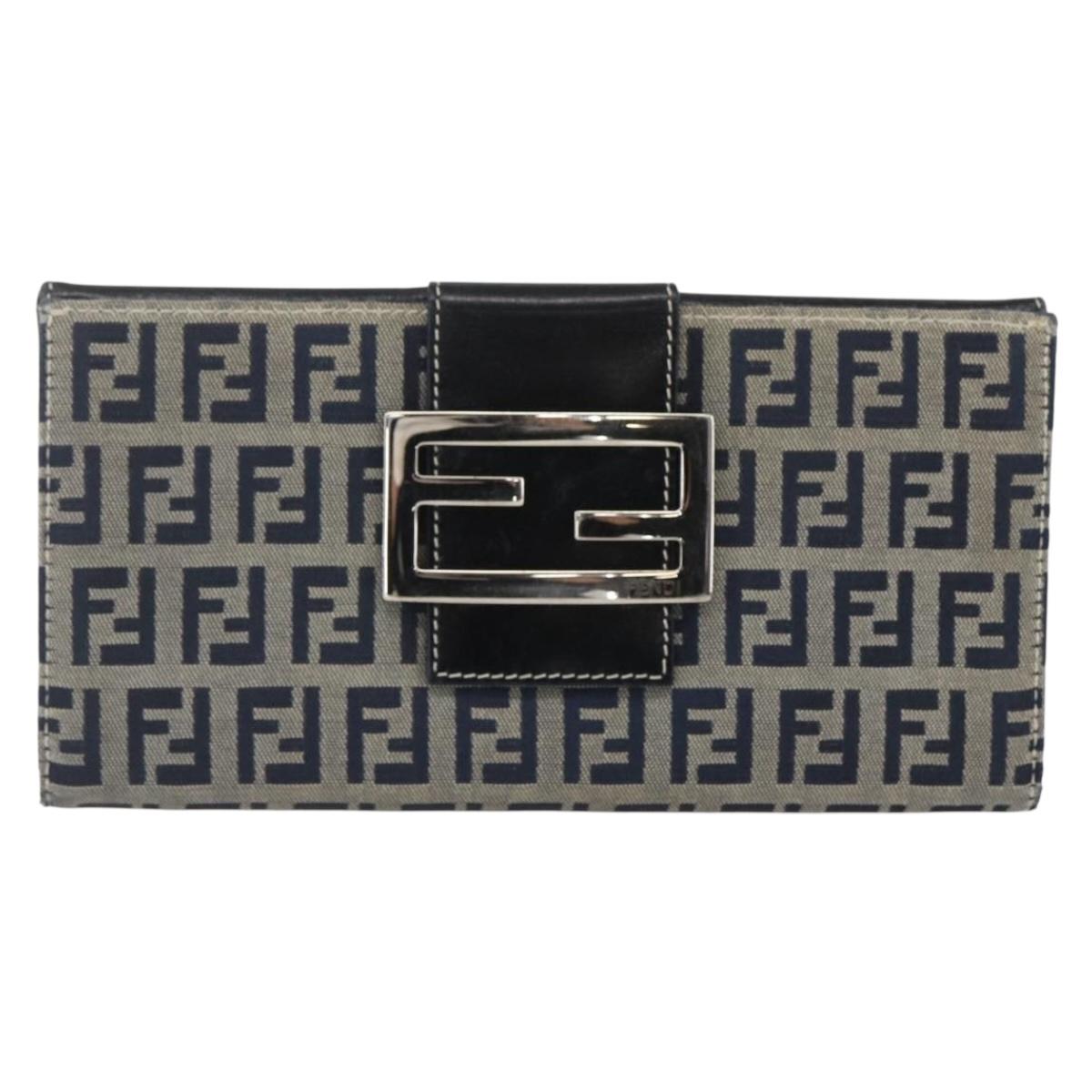 FENDI Zucchino Canvas Long Wallet Navy Silver Auth yk20081