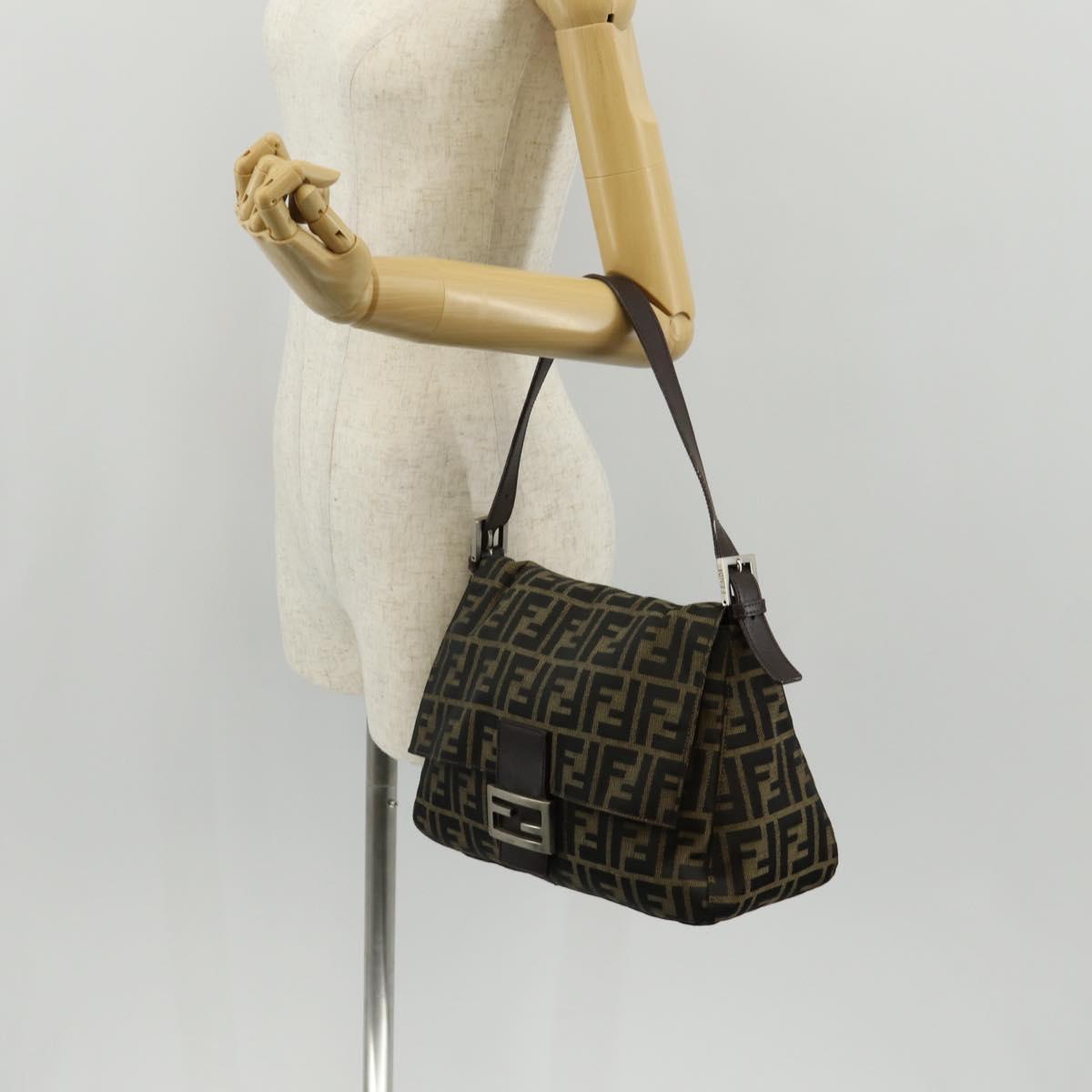FENDI Zucca Canvas Mamma Baguette Shoulder Bag Black Brown Auth yk20092V