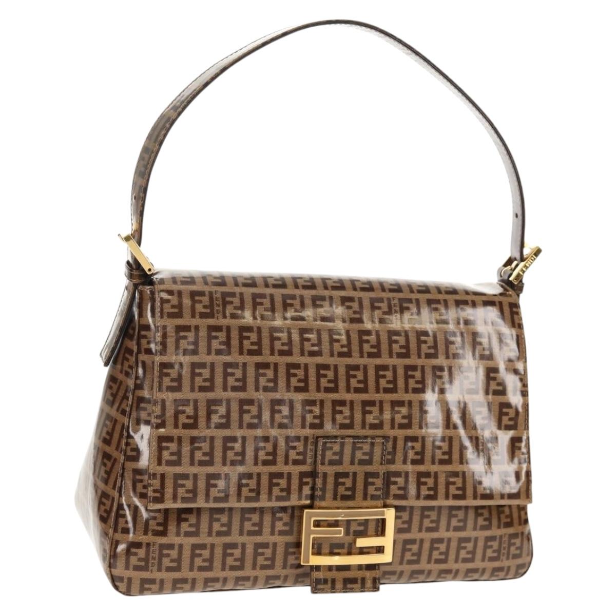 FENDI Zucchino Canvas Mamma Baguette Bag Enamel Beige Gold Auth yk20093V