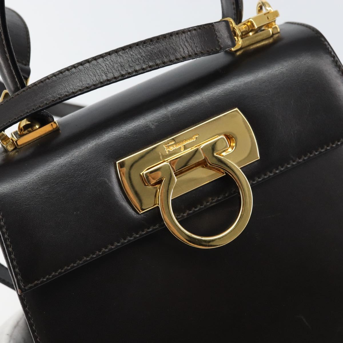 Salvatore Ferragamo Gancini Hand Bag Leather 2way Dark Brown Gold Auth yk20123