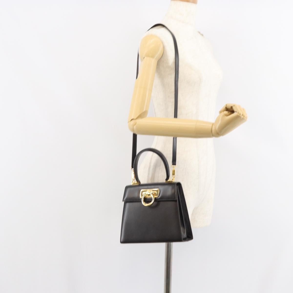 Salvatore Ferragamo Gancini Hand Bag Leather 2way Dark Brown Gold Auth yk20123