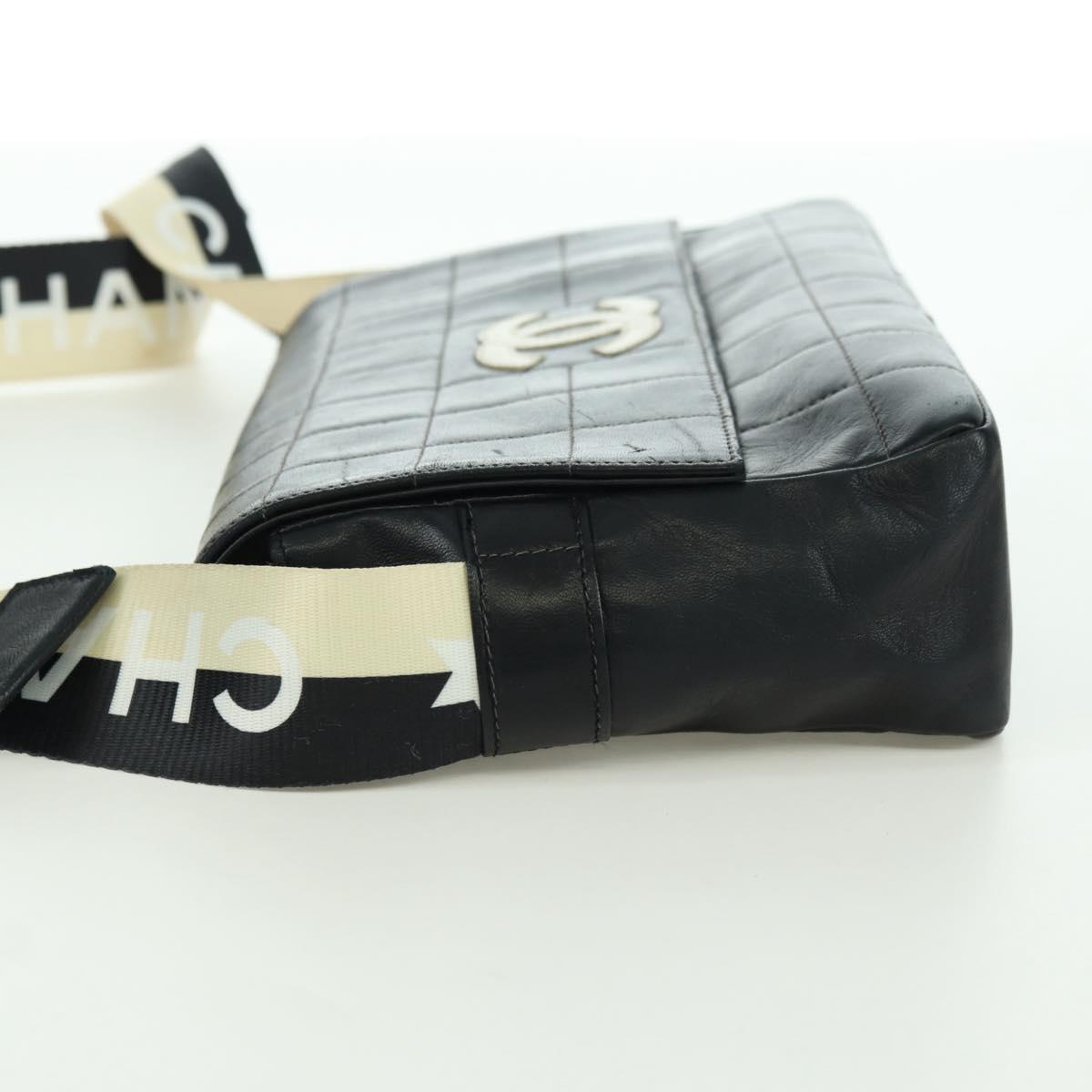 CHANEL Choco Bar Shoulder Bag Lamb Skin Black Gold CC Auth yk20209SAV