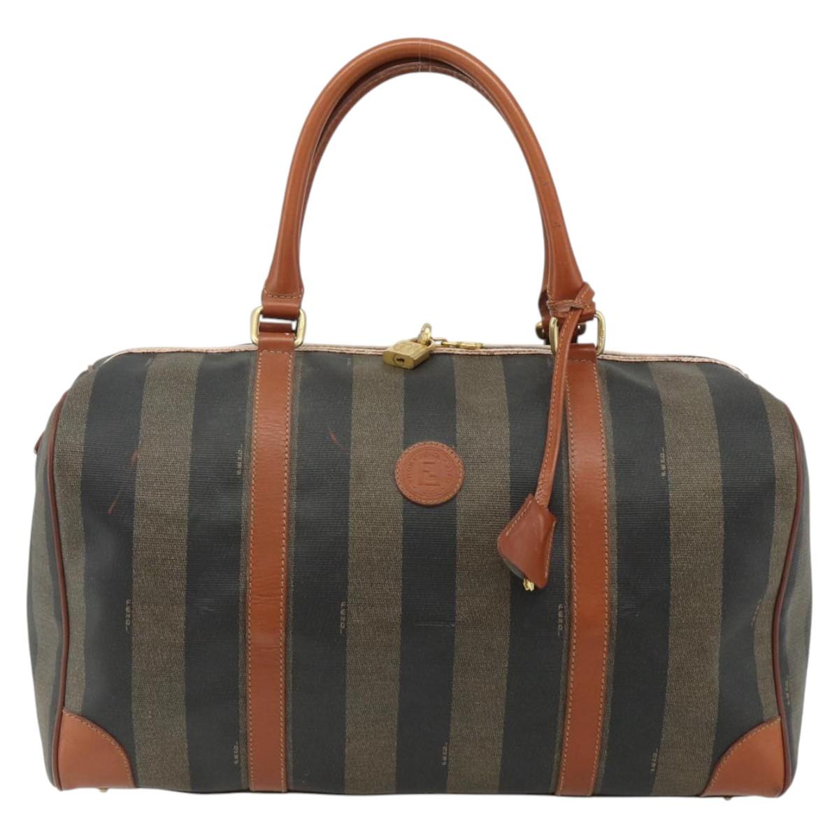 FENDI Pecan Canvas Boston Bag PVC Brown Black Auth yk20237