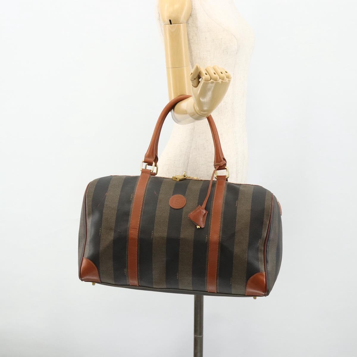 FENDI Pecan Canvas Boston Bag PVC Brown Black Auth yk20237