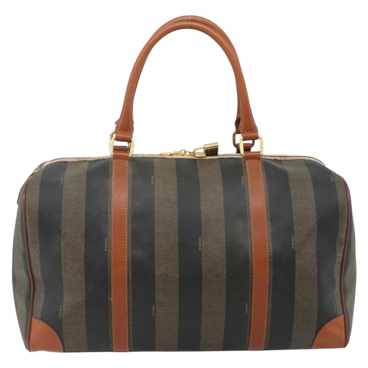 FENDI Pecan Canvas Boston Bag PVC Brown Black Auth yk20237