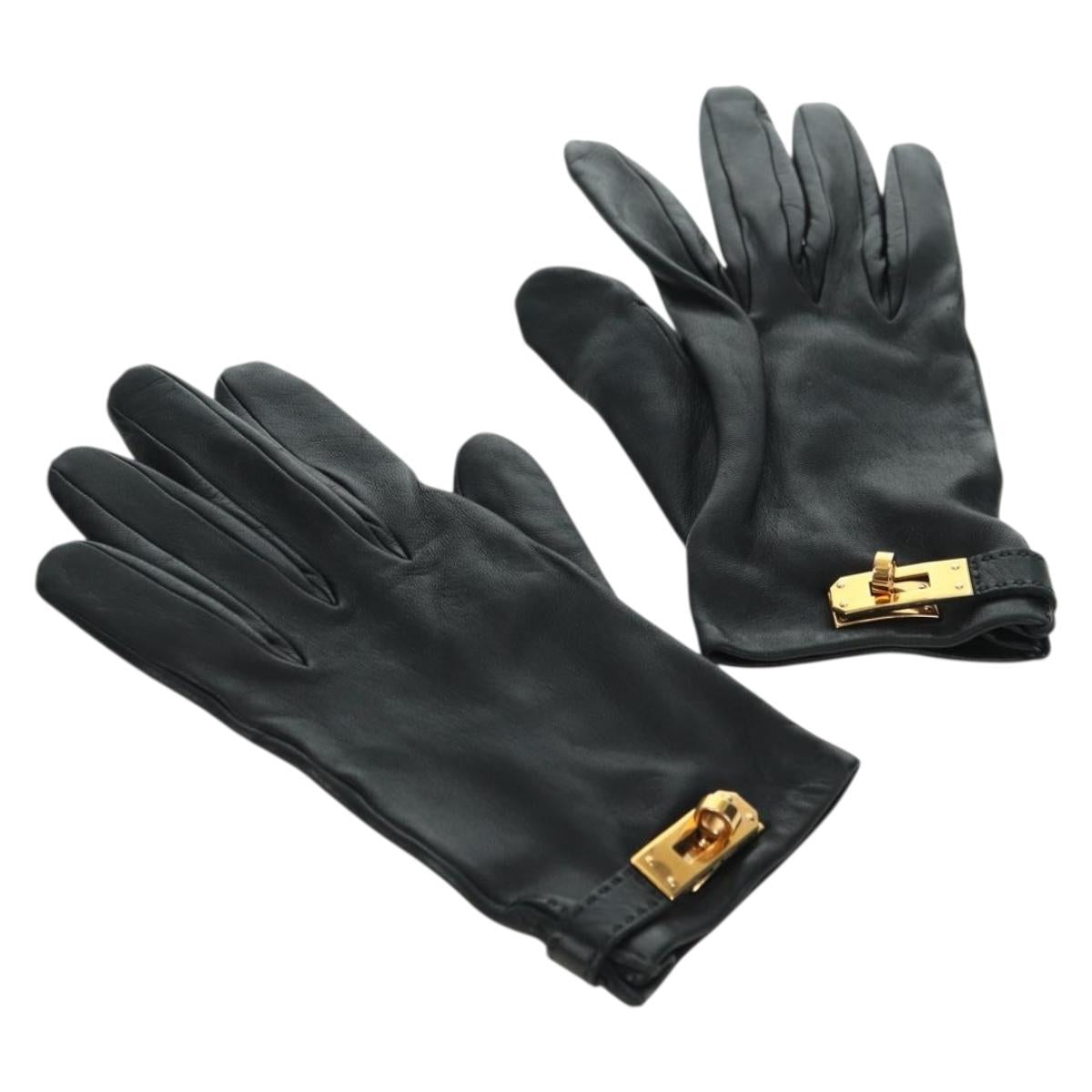 HERMES Kelly Gloves Leather Size 7 Black Auth yk20238M