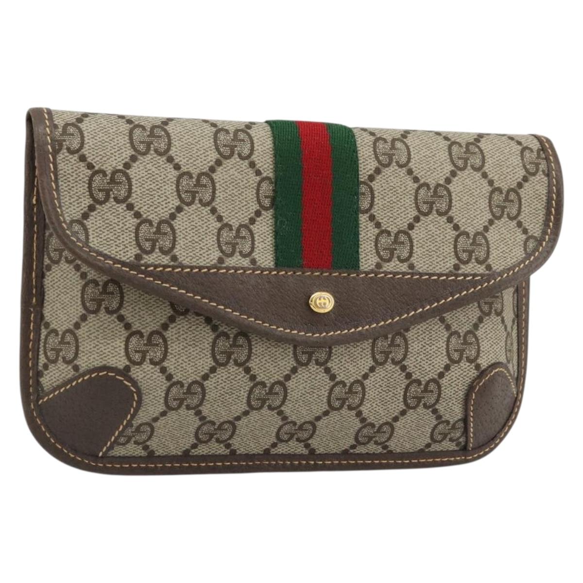 GUCCI GG Supreme Web Sherry Line Pouch PVC Beige Gold 014 89 5205 Auth yk20284A
