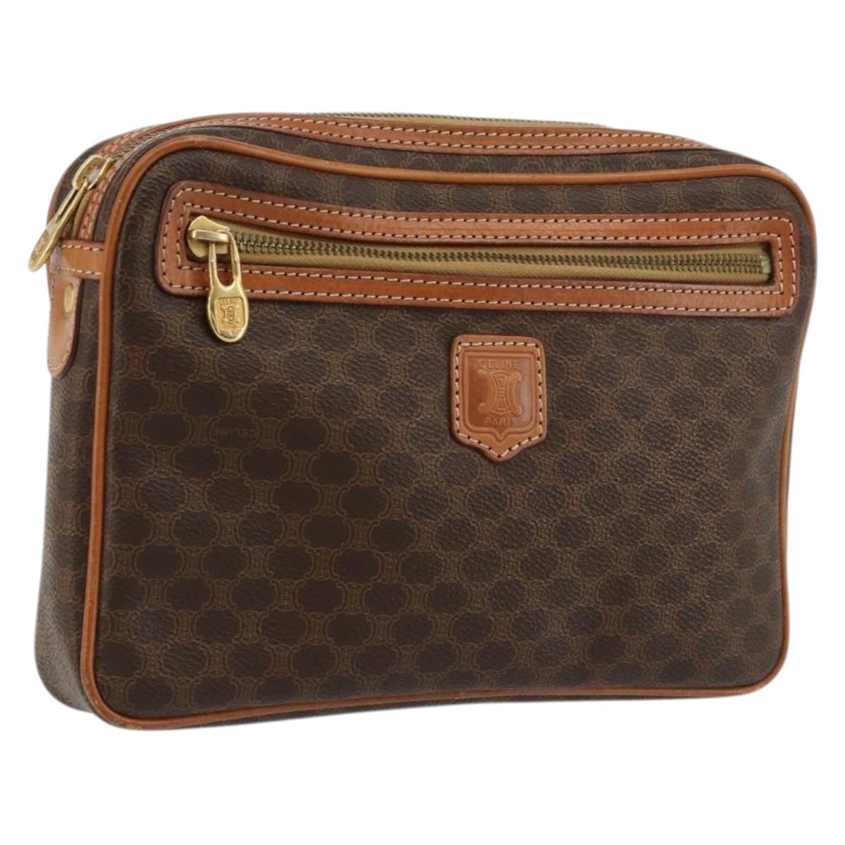 CELINE Macadam Canvas Clutch Bag PVC Leather Brown Gold Auth yk20347
