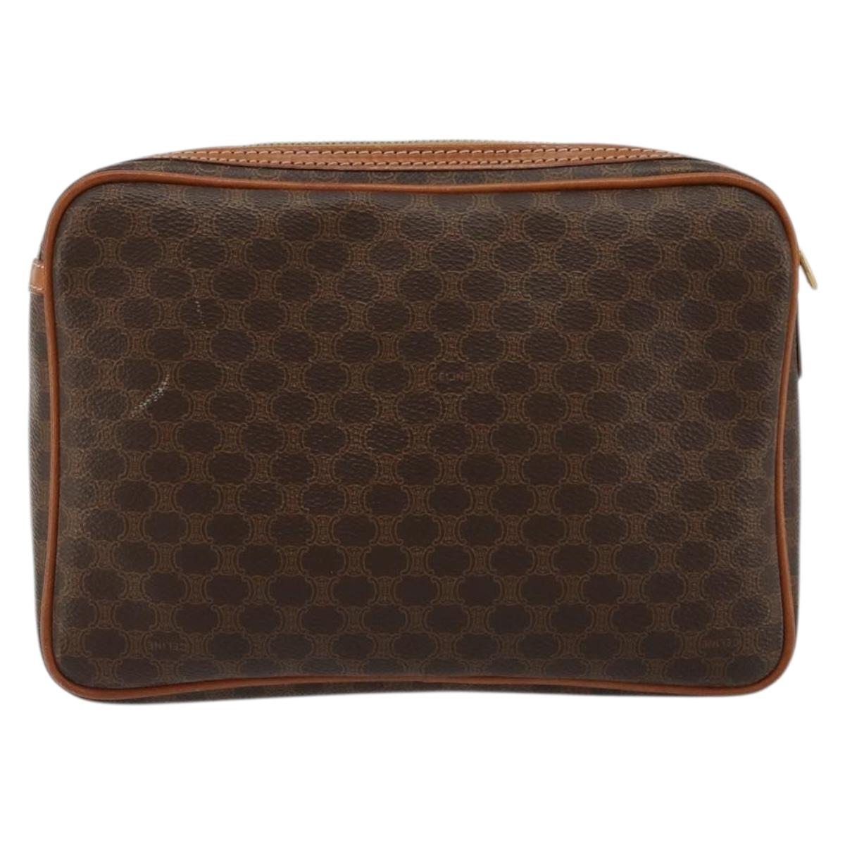CELINE Macadam Canvas Clutch Bag PVC Leather Brown Gold Auth yk20347