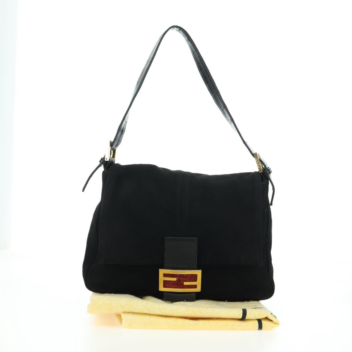 FENDI Mamma Baguette Shoulder Bag Suede Black Gold Auth yk20351SAM