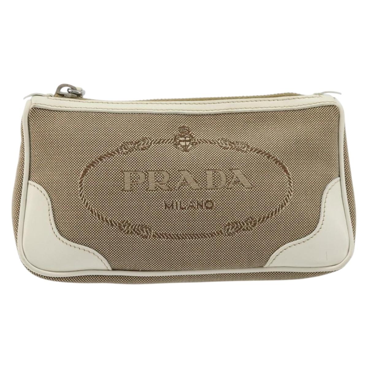 PRADA Pouch Canvas Beige Silver Auth yk20353A