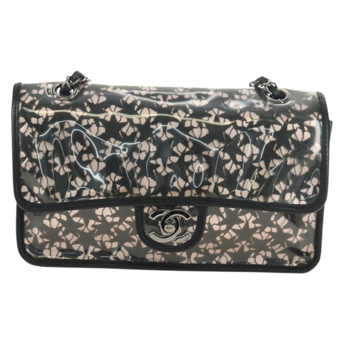 CHANEL Star Turn Lock Chain Hand Bag Vinyl Black Silver CC Auth yk20372SAV