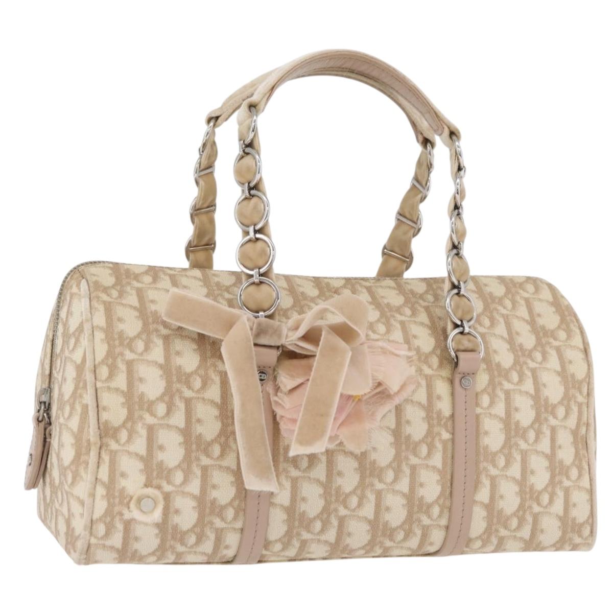 Christian Dior Trotter Canvas Romantic Hand Bag PVC Beige Silver Auth yk20375SAV