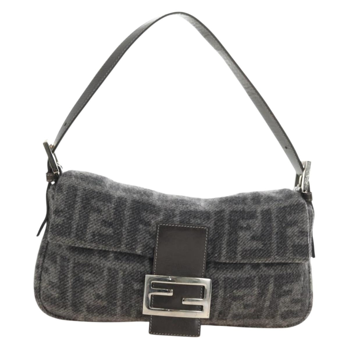 FENDI Zucca Canvas Mamma Baguette Shoulder Bag Wool Gray Silver Auth yk20376SAV