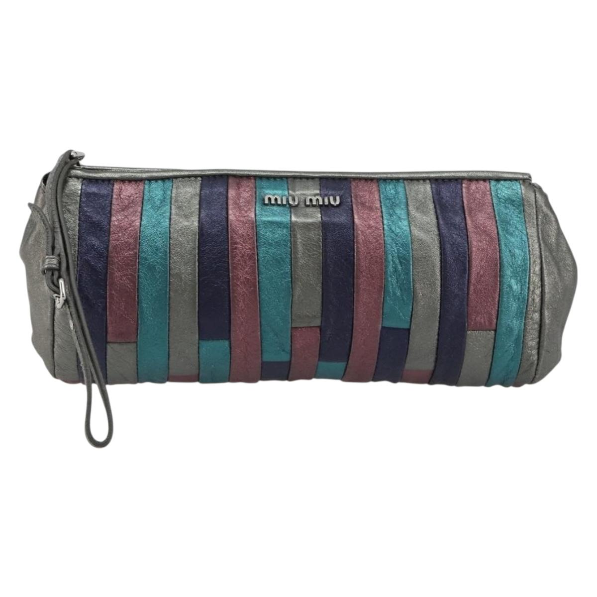 Miu Miu Pouch Leather Multicolor Silver Auth yk20380A
