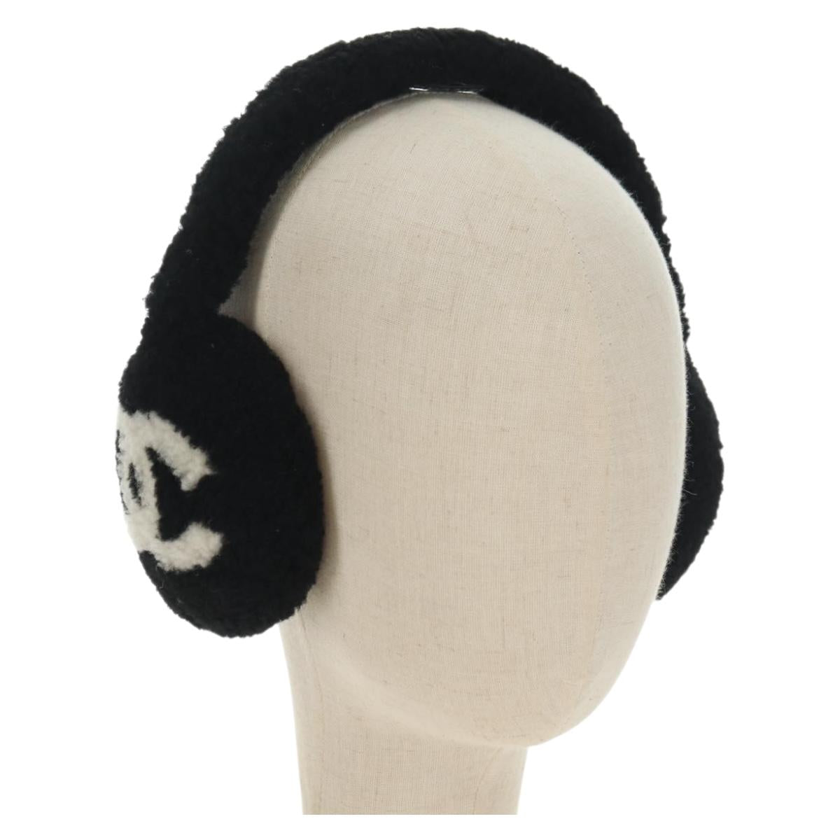 CHANEL COCO Mark Earmuffs Fabric Cap Wool Black White CC Auth yk20385SAV