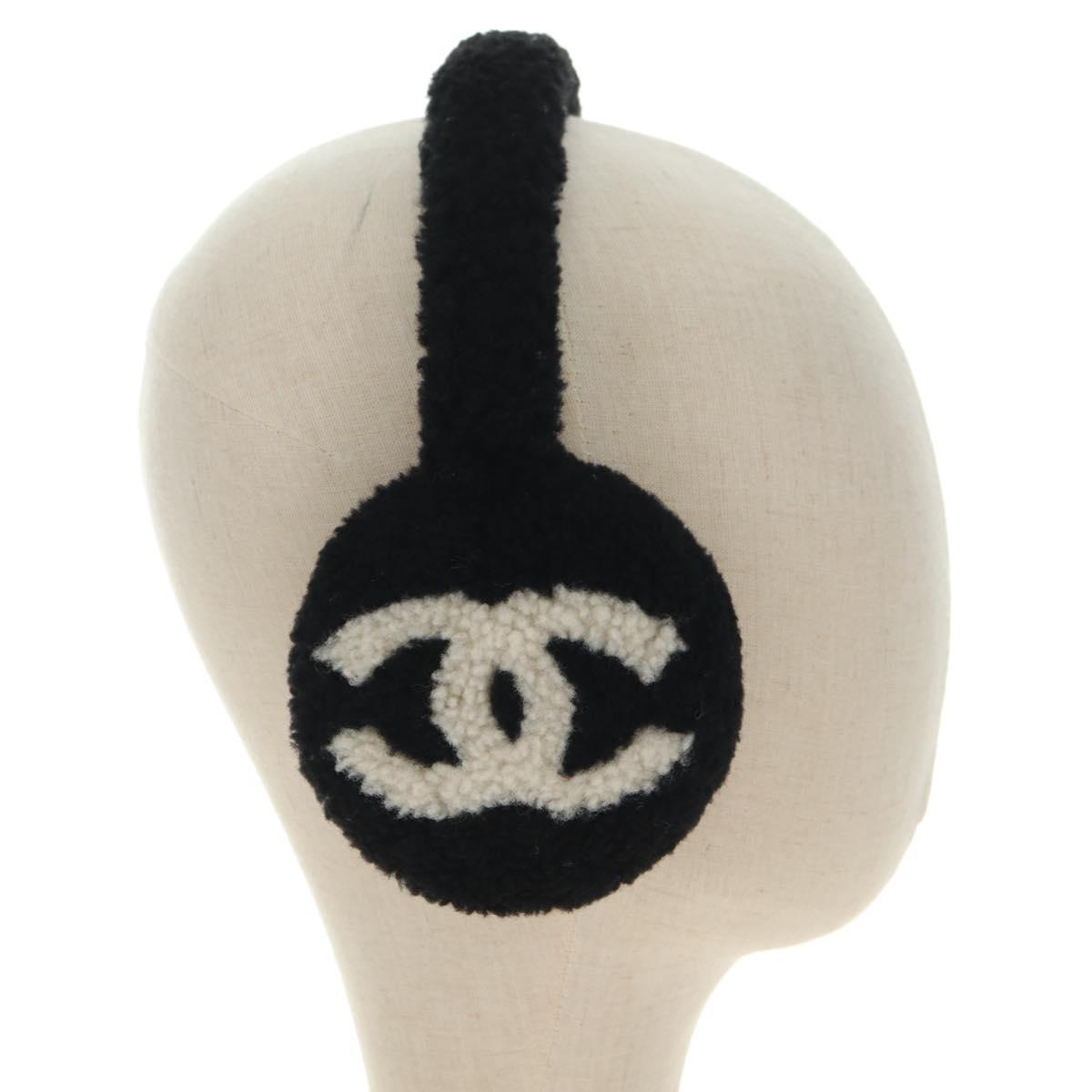 CHANEL COCO Mark Earmuffs Fabric Cap Wool Black White CC Auth yk20385SAV