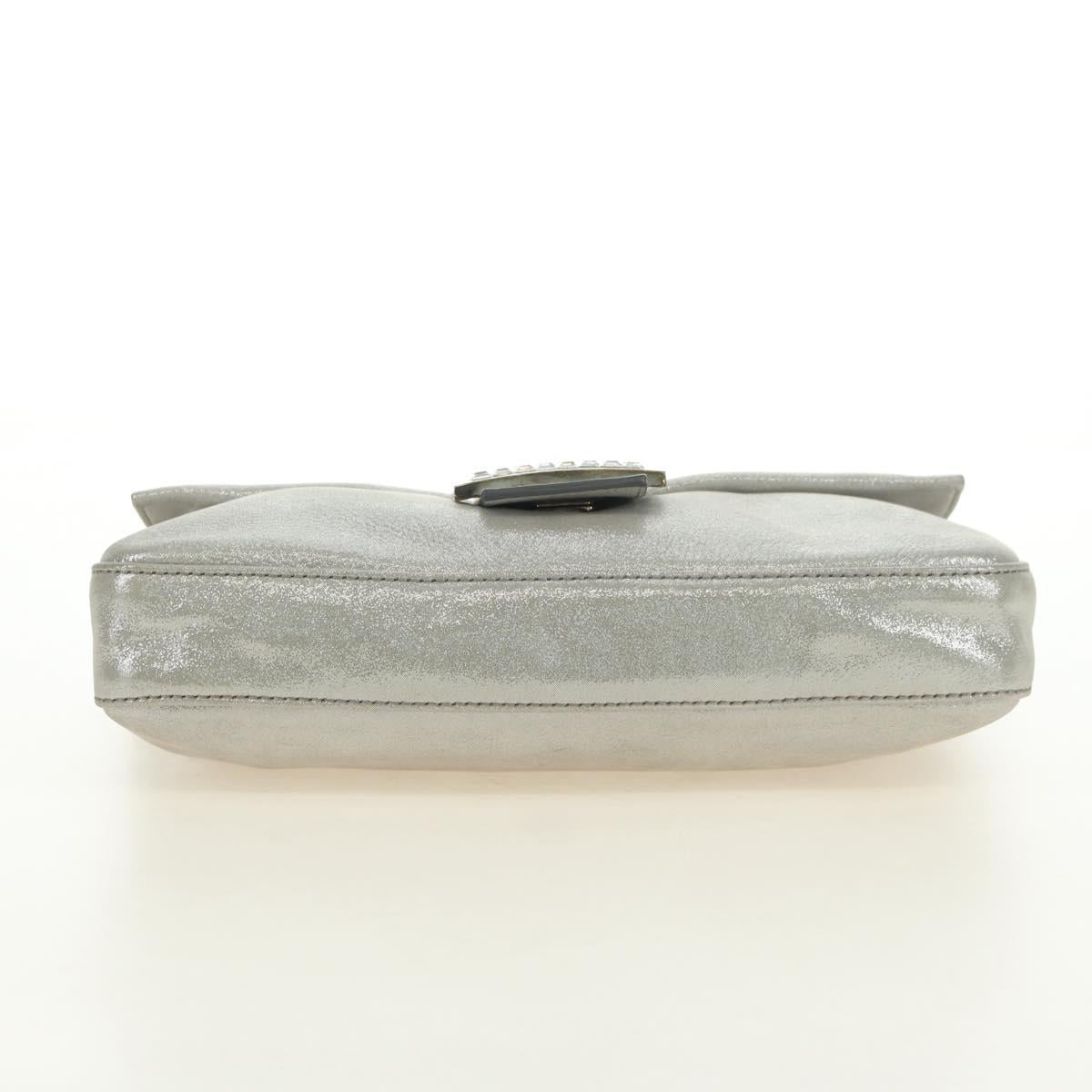 FENDI Rhinestone Mamma Baguette Shoulder Bag Leather Silver Auth yk20386SM