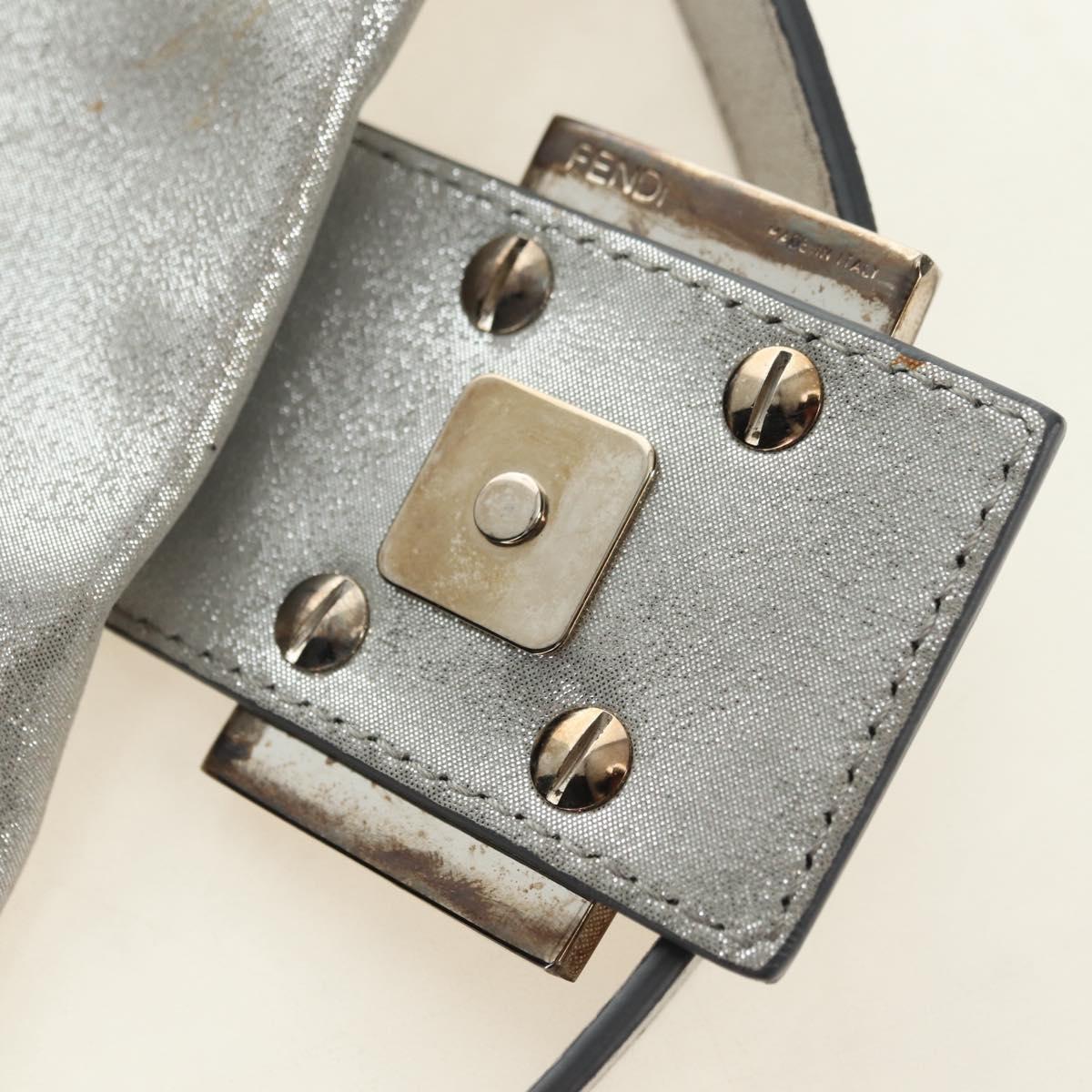 FENDI Rhinestone Mamma Baguette Shoulder Bag Leather Silver Auth yk20386SM