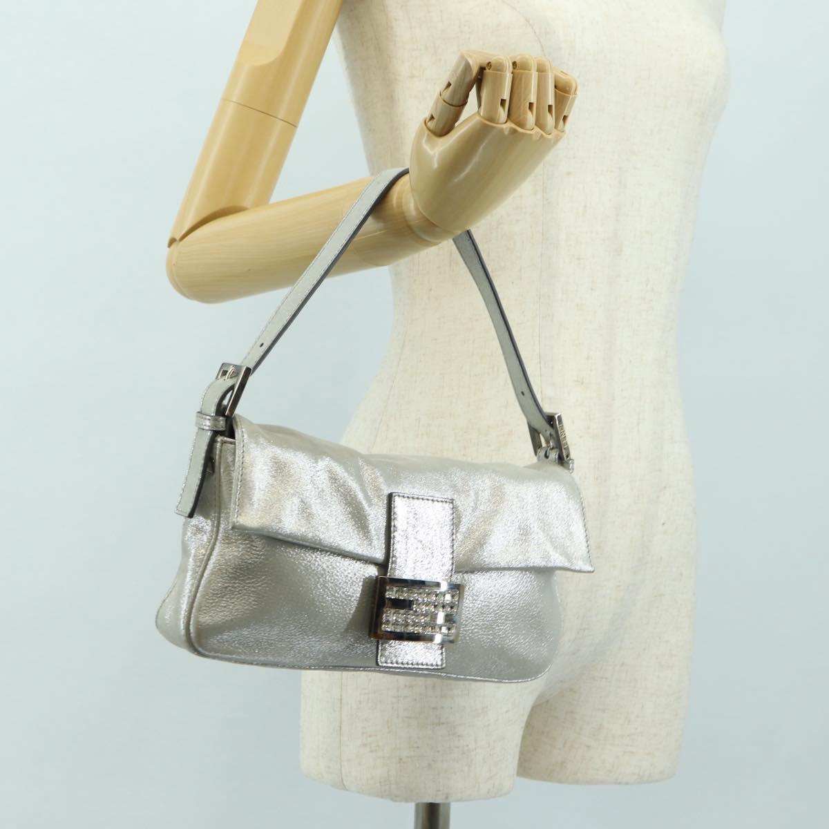 FENDI Rhinestone Mamma Baguette Shoulder Bag Leather Silver Auth yk20386SM