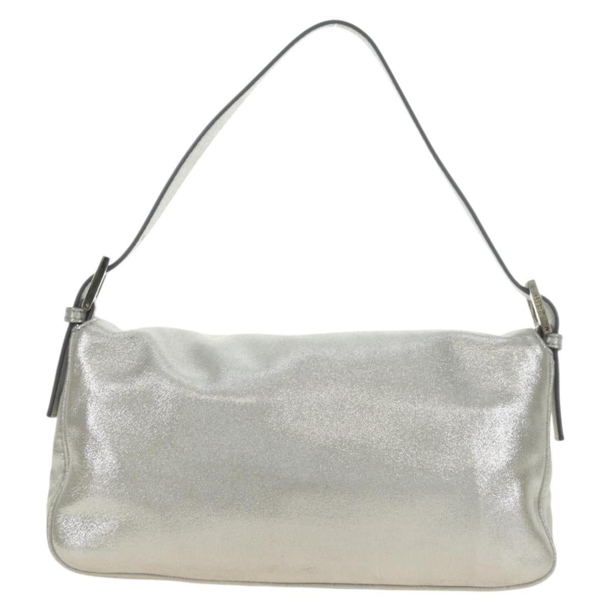 FENDI Rhinestone Mamma Baguette Shoulder Bag Leather Silver Auth yk20386SM