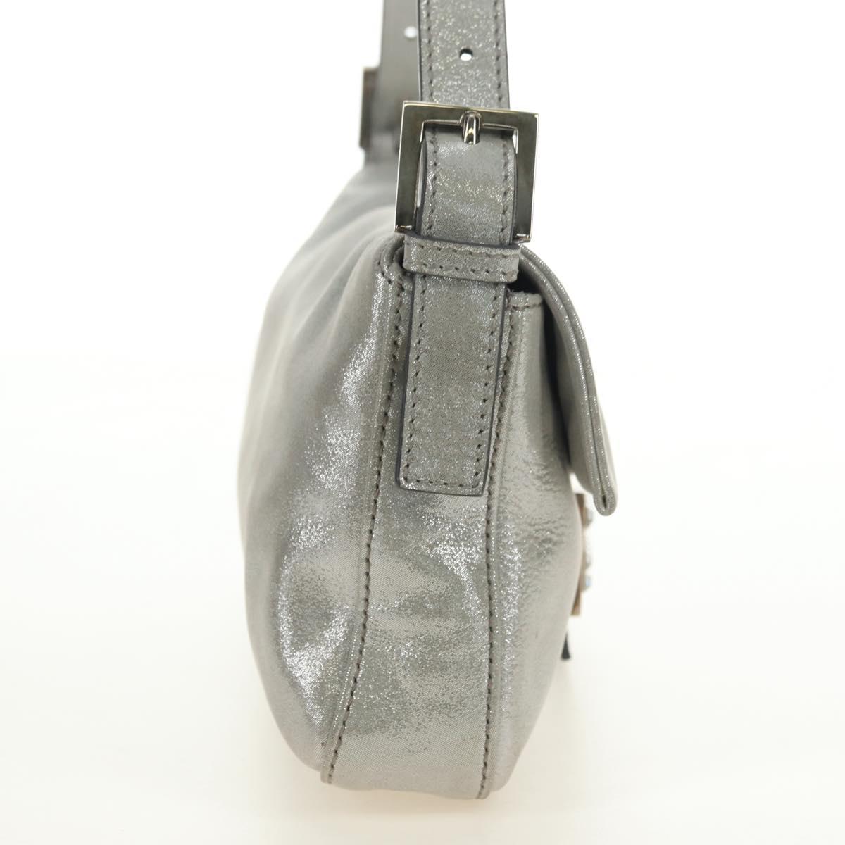 FENDI Rhinestone Mamma Baguette Shoulder Bag Leather Silver Auth yk20386SM