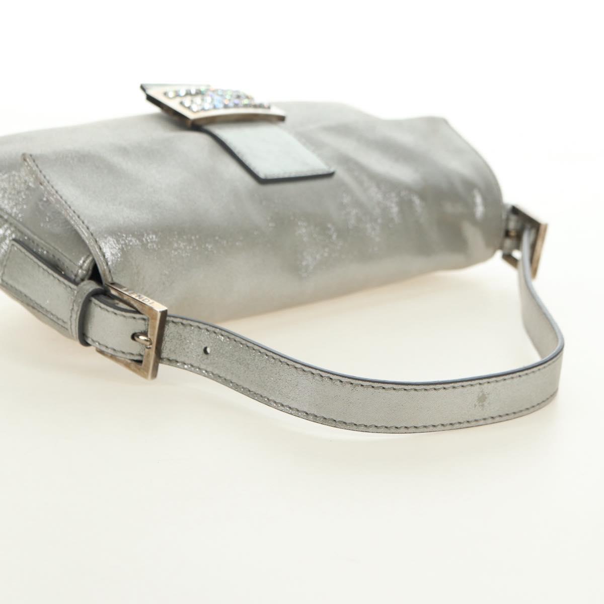 FENDI Rhinestone Mamma Baguette Shoulder Bag Leather Silver Auth yk20386SM